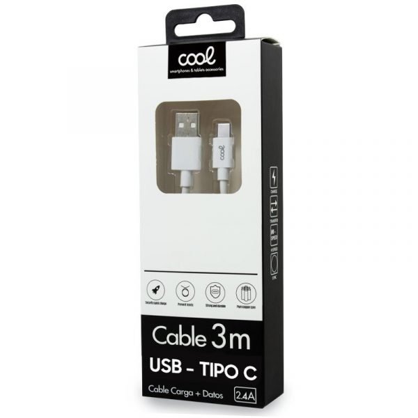 cable usb compatible cool universal tipo c 3 metros blanco 24 amp 1