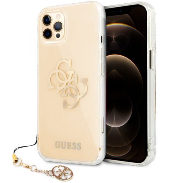 carcasa cool para iphone 12 pro max licencia guess transparente colgante dorado