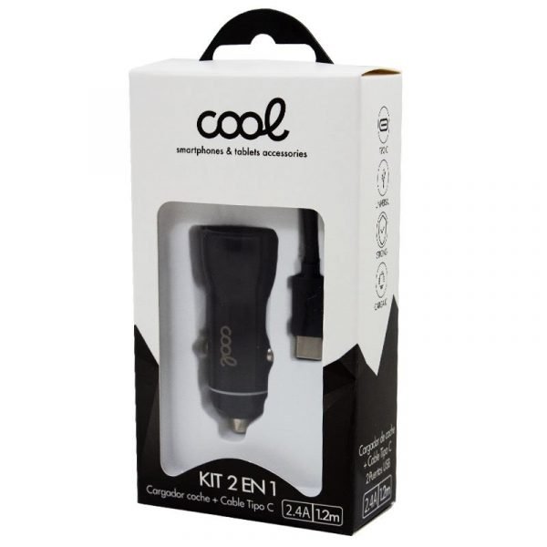 cargador coche cable tipo c 2 x usb cool 24a kit 2 en 1 negro 2