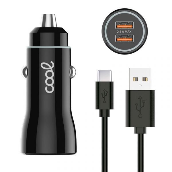 cargador coche cable tipo c 2 x usb cool 24a kit 2 en 1 negro